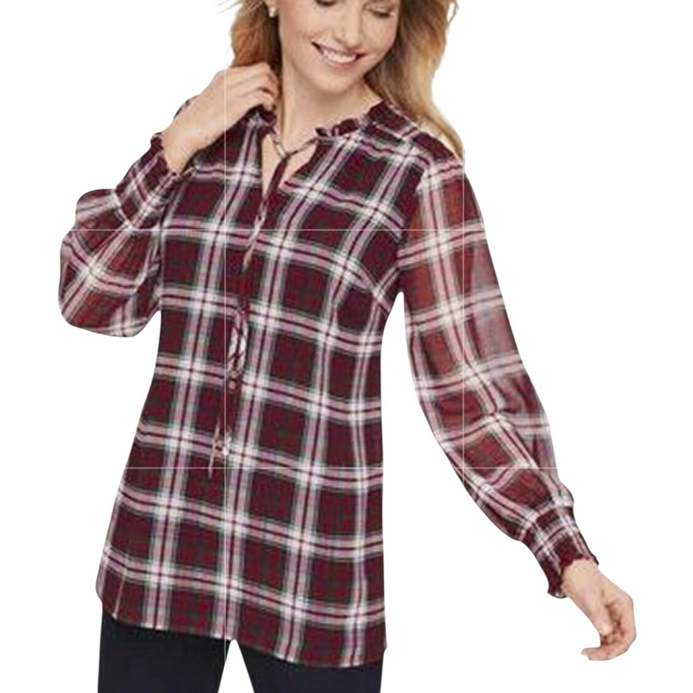 Talbots Plaid Print Long Sleeve Blouse